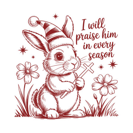 Cute bunny illustration holding cross with flowers and faith quote i will praise him in every season. Perfect christian vector design for t shirt print cards mugs or posters. Great inspirational artwork for believers and faith lovers celebrating positivity and hope in all seasons.のイラスト素材
