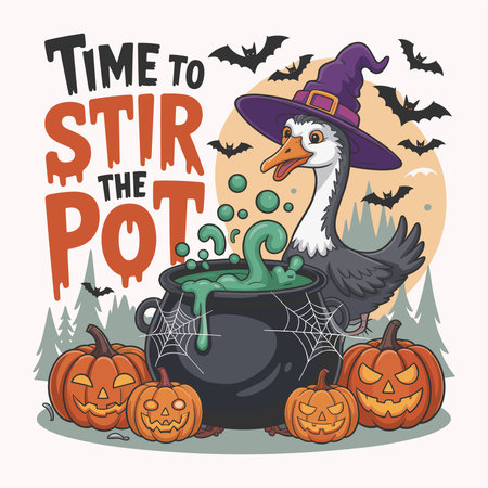 Funny Halloween goose vector design featuring a goose witch with hat stirring a bubbling cauldron, surrounded by pumpkins, bats, and spider webs with âTime to Stir the Potâ text. Perfect for t shirts, posters, stickers, and Halloween decor. Cute spooky design for kids and adults alike.のイラスト素材