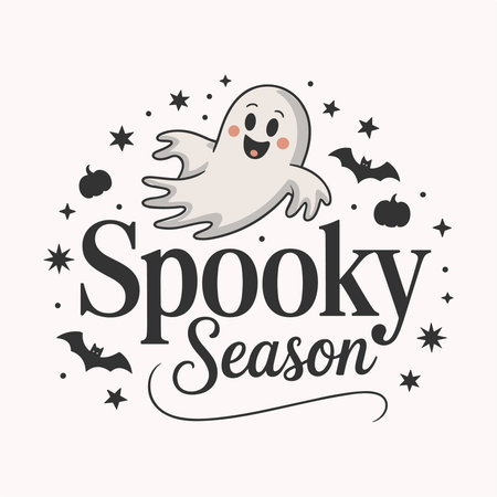 Cute Spooky Season design featuring a smiling ghost with pumpkins, bats, and stars in a playful cartoon style. Perfect for t shirts, stickers, posters, mugs, and festive decor. Fun spooky cute Halloween vector artwork ideal for autumn celebrations, party designs, and seasonal fashion trends.のイラスト素材