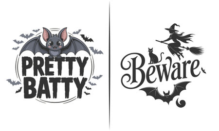 Halloween t shirt design set featuring a cute pretty batty cartoon bat and a spooky beware witch with cat and bats. Perfect for halloween parties, trick or treat lovers, fall fashion, and spooky season apparel. Fun vector art for festive shirts, posters, stickers, and seasonal decorations.のイラスト素材
