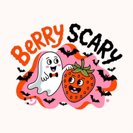 Berry scary halloween t shirt design featuring a cute ghost with a happy strawberry surrounded by bats. Perfect for halloween lovers who enjoy playful puns and spooky yet cute designs. Great for fall fashion, trick or treat parties, seasonal apparel, posters, and fun halloween decorations.のイラスト素材