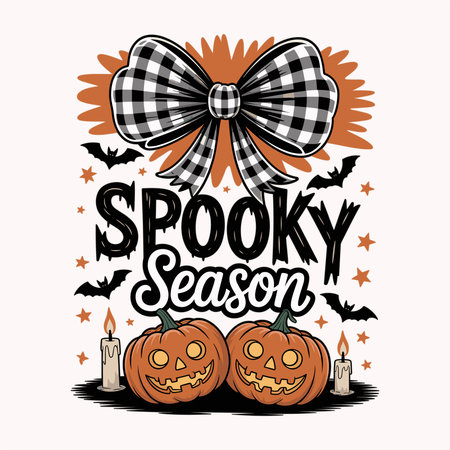 Spooky Season Halloween design featuring smiling jack o lantern pumpkins, candles, bats, stars, and a large checkered bow. Perfect for t shirts, stickers, posters, and seasonal decor. Cute spooky aesthetic ideal for Halloween lovers and festive autumn designs. Cartoon vector artwork.のイラスト素材