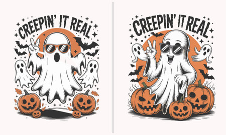 Funny Halloween ghost vector design featuring a cool ghost with sunglasses, pumpkins, bats, and text âCreepinâ It Real.â Perfect for Halloween t shirts, posters, and party decor. A playful spooky illustration for kids and adults who love funny, stylish, and trendy Halloween artwork.のイラスト素材