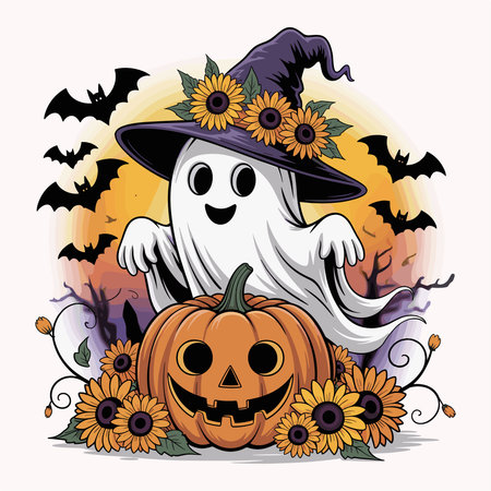 Adorable Halloween vector design featuring a cute ghost with a sunflower crown, pumpkin, bats, and spooky sunset background. Perfect for t-shirts, posters, and seasonal decor. A fun, spooky, and cheerful Halloween design for those who love ghosts, sunflowers, and festive autumn artwork.のイラスト素材