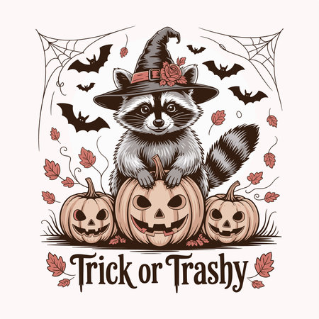 This fun Halloween design features a cute raccoon wearing a witch hat, sitting atop pumpkins with jack-o'-lantern faces. Surrounded by bats and autumn leaves, the playful "Trick or Trashy" slogan adds a humorous twist to this spooky and festive artwork, perfect for Halloween lovers.のイラスト素材