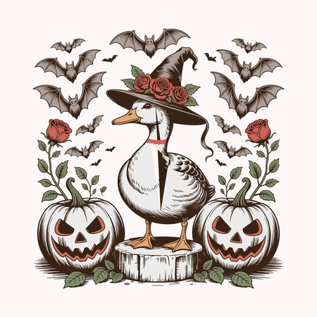 Charming Halloween vector design featuring a duck with a witchâs hat, adorned with roses, standing next to pumpkins with bats flying around. Perfect for Halloween t-shirts, posters, and party decor. A fun, festive, and spooky design that combines animals and Halloween vibes in a playful way.のイラスト素材