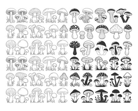 Mega mushroom bundle with fungi forest illustrations in silhouette sketch outline and detailed styles. Perfect botanical vector set for t shirts cottagecore art nature designs eco branding and vintage graphics. Unique mushroom collection ideal for natural projects whimsical artwork and herbal decor.のイラスト素材