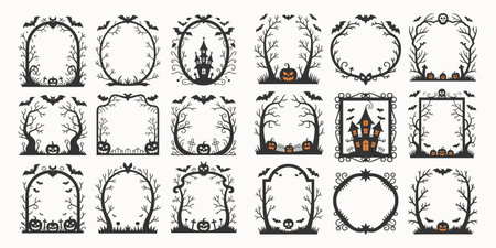 Halloween frames and borders with pumpkins haunted houses bats skulls and creepy trees. Perfect spooky vector set for invitations party flyers seasonal decor and gothic artwork. Unique halloween design elements ideal for haunted themes scary graphics and festive illustration projects.のイラスト素材