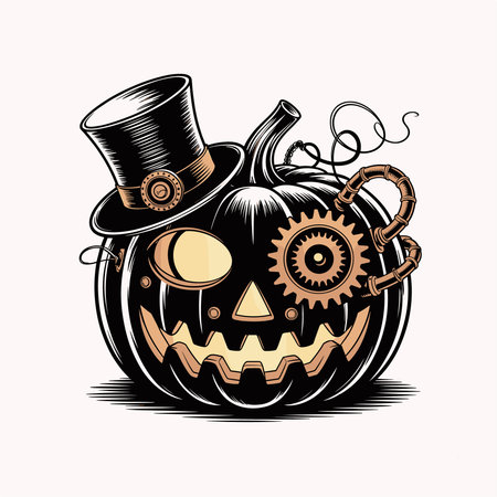 halloween jack o lantern pumpkin with gears pipes and top hat in gothic spooky style. Perfect creepy vector illustration for t shirts seasonal decor haunted night fashion and halloween graphics. Unique pumpkin design blending horror and for dark gothic apparel artwork.のイラスト素材