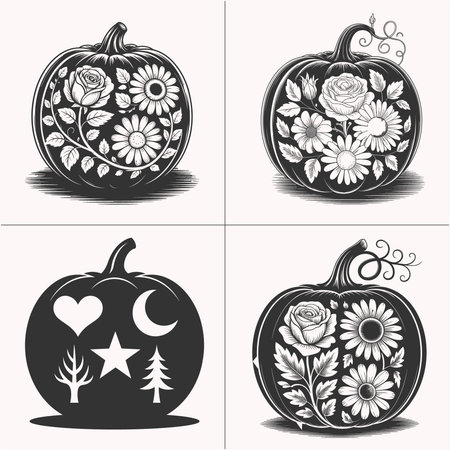 Elegant halloween pumpkin carvings decorated with roses daisies and botanical patterns. Unique gothic floral design perfect for fall t shirts seasonal decorations and spooky vector art. Creative halloween illustration blending flowers with pumpkins for stylish seasonal fashion and festive graphics.のイラスト素材