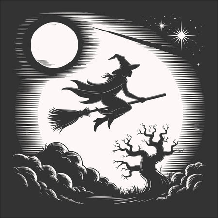 Halloween witch flying on broom with spooky cat pumpkin bats and moon in gothic creepy style. Perfect dark vector illustration for t shirts seasonal fashion haunted night art and horror graphics. Unique halloween design blending witches with gothic elements for apparel decor and spooky artwork.のイラスト素材