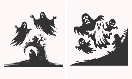 Creepy halloween ghost silhouettes floating in haunted night scenes. Dark spooky illustration perfect for t shirts haunted house art horror decor and seasonal vector graphics. Scary ghost spirits design for halloween lovers gothic apparel haunted themes and creepy seasonal artwork.のイラスト素材
