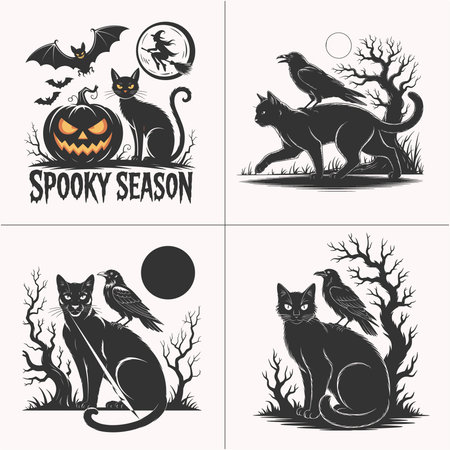 Dark halloween illustrations with black cats ravens pumpkins bats and witches in gothic spooky style. Perfect vector art for t shirts halloween decor seasonal fashion and creepy night designs. Unique black cat and raven artwork for gothic lovers haunted themes and horror seasonal graphics.のイラスト素材
