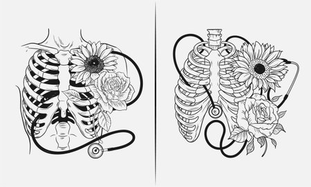 This stunning t-shirt design features a rib cage with beautiful sunflower and rose flowers intertwined with a stethoscope, blending medical and floral themes. A unique and artistic illustration perfect for healthcare professionals or anyone who loves vintage medical art with a creative twist.のイラスト素材