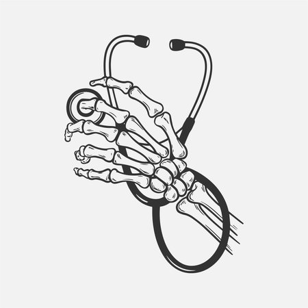 This unique design features a skeleton hand gripping a stethoscope, combining elements of medicine and gothic art. Perfect for healthcare professionals, medical students, and those who appreciate edgy, anatomical artwork. Showcase your love for both medicine and the macabre with this striking graphic.のイラスト素材