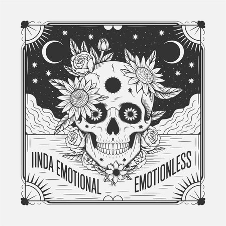 This striking t-shirt design features a skull adorned with vibrant flowers and stars, with the words "emotional" and "emotionless" added in a bold, eye-catching style. The black and white design evokes a sense of contrast and reflection, perfect for fans of gothic and alternative art.のイラスト素材
