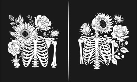 This trendy t-shirt design features a skeleton hand making the rock n roll sign intertwined with a stethoscope and beautiful roses. The black and white illustration brings together elements of music, health, and nature, making it perfect for medical professionals, rock fans, or anyone who loves unique, bold artwork.のイラスト素材