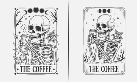 This t-shirt design features a skeleton holding a coffee cup with a whimsical quote "THE COFFEE". A perfect illustration for coffee lovers and caffeine enthusiasts, blending dark humor and coffee culture with a unique skeletal art style.のイラスト素材