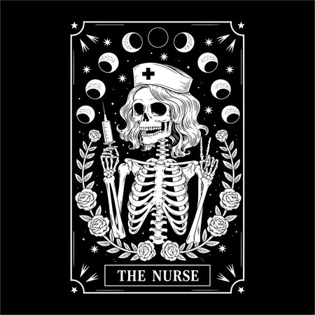 This unique t-shirt design features a skeleton nurse holding a syringe and set against a backdrop of moon phases and roses. The phrase "The Nurse" at the bottom adds a bold touch, making this perfect for nurses or those who appreciate alternative and gothic-inspired medical art.のイラスト素材