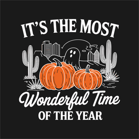 This fun Halloween t-shirt design features the phrase "Itâs the Most Wonderful Time of the Year" with pumpkins, a ghost, and cactus against a southwestern backdrop. Perfect for those who love the spooky season with a desert twist, this design captures the festive spirit with a playful vibe.のイラスト素材
