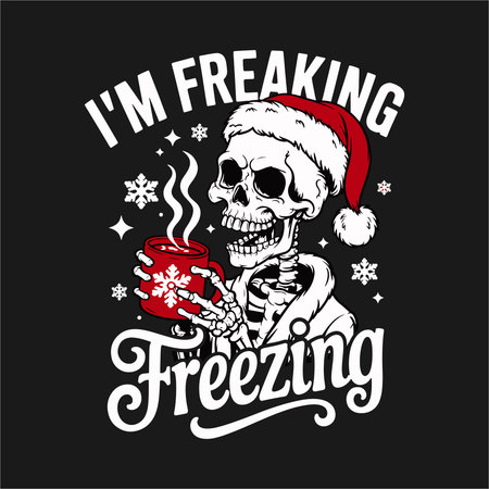 This humorous black and white design features a skeleton with a festive Santa hat holding a steaming mug, with the phrase "I'm Freaking Freezing." Perfect for winter, holiday gatherings, and those who enjoy quirky, funny designs for the cold season. Ideal for a cozy Christmas outfit.のイラスト素材