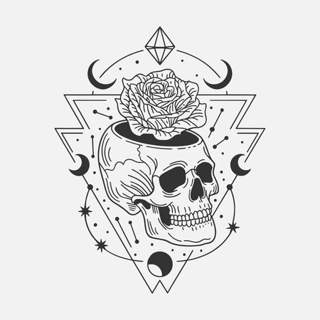 A captivating tattoo design featuring a skull with a rose growing from its head, surrounded by moons, stars, and a diamond. This black and white artwork combines gothic, floral, and celestial elements, perfect for bold t-shirt designs. Ideal for lovers of skull tattoos and cosmic, artistic fashion.のイラスト素材