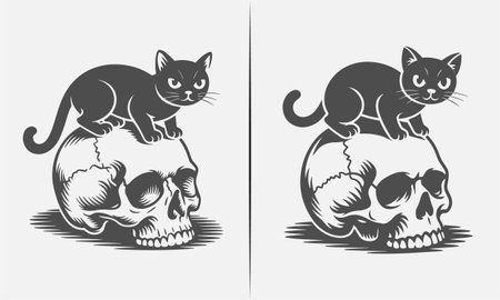 A bold tattoo design featuring a cat perched on a skull, combining gothic and playful elements in a stunning black and white artwork. Perfect for t-shirt designs, this piece is ideal for lovers of skull tattoos, cats, and alternative fashion. A unique, artistic design with a modern twist.のイラスト素材
