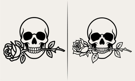A striking tattoo design featuring a skull with a rose in its mouth, perfect for t-shirt designs with a gothic and floral twist. This black and white artwork blends dark and romantic elements, ideal for lovers of skull tattoos, roses, and alternative fashion. A bold, artistic piece with a timeless appeal.のイラスト素材