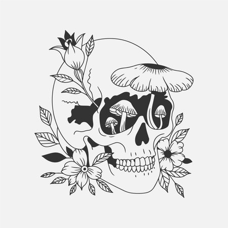 A striking tattoo design featuring a skull with mushrooms growing from its eye sockets, surrounded by flowers and leaves. This black and white artwork blends nature and gothic elements, making it perfect for t-shirt designs. Ideal for lovers of floral and skull tattoos with an edgy, artistic flair.のイラスト素材