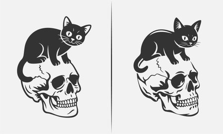 A bold tattoo design featuring a cat perched on a skull, combining gothic and playful elements in a stunning black and white artwork. Perfect for t-shirt designs, this piece is ideal for lovers of skull tattoos, cats, and alternative fashion. A unique, artistic design with a modern twist.のイラスト素材