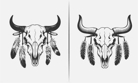 A striking tattoo design featuring a bull skull with hanging feathers, perfect for a western or bohemian style t-shirt. This black and white artwork combines rugged skull imagery with natural elements, ideal for fans of tribal, cow skull, and feather tattoos. A unique and bold design for alternative fashion.のイラスト素材