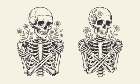 A unique tattoo design featuring a skeleton with crossed arms, adorned with flowers and leaves. This black and white artwork blends gothic and floral elements, perfect for t-shirt designs. Ideal for lovers of dark, nature-inspired tattoos, offering a striking mix of bone structure and floral beauty.のイラスト素材