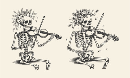 A creative tattoo design featuring a skeleton playing the violin, adorned with roses in its hair. This black and white artwork blends gothic, artistic, and floral elements, perfect for unique t-shirt designs. Ideal for lovers of skeleton, music, and nature-inspired tattoos.のイラスト素材