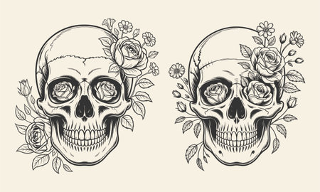 A stunning tattoo design featuring skulls with roses and leaves, blending dark gothic and floral elements in a beautiful black and white artwork. Perfect for t-shirt designs, this artistic piece is ideal for lovers of skull, rose, and nature-inspired tattoos. A timeless and unique design for alternative fashion.のイラスト素材