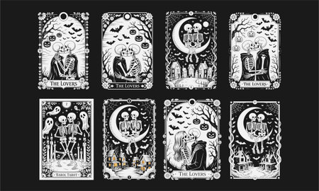 This eerie Halloween tarot card design features a pair of skeleton lovers sitting on a crescent moon, surrounded by flying bats, spider webs, and haunted houses with glowing windows. Perfect for Halloween enthusiasts, gothic art lovers, and tarot collectors, this spooky black-and-white design exudes romantic mystery with a touch of the supernatural.のイラスト素材