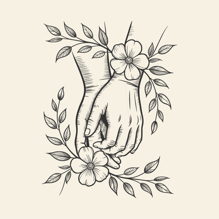 A beautiful tattoo design featuring two hands intertwined with flowers and leaves, symbolizing connection and nature. This black and white artwork blends delicate floral elements with the elegance of hand gestures, perfect for unique t-shirt designs. Ideal for lovers of nature-inspired, artistic tattoos.のイラスト素材