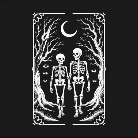 A unique tattoo design featuring two skeletons holding hands under a crescent moon, surrounded by bare trees and mystical eyes. This black and white artwork blends gothic, mystical, and romantic themes, making it perfect for t-shirt designs. Ideal for lovers of alternative tattoos with a dark, eerie, and celestial twist.のイラスト素材