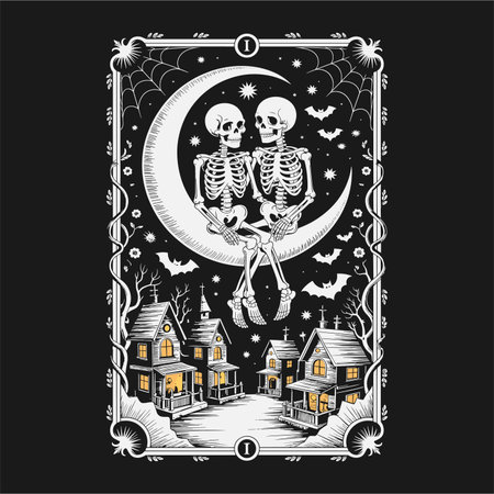 This eerie Halloween tarot card design features a pair of skeleton lovers sitting on a crescent moon, surrounded by flying bats, spider webs, and haunted houses with glowing windows. Perfect for Halloween enthusiasts, gothic art lovers, and tarot collectors, this spooky black-and-white design exudes romantic mystery with a touch of the supernatural.のイラスト素材
