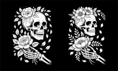 A stunning tattoo design featuring a skull adorned with flowers in its hair and holding a flower. This black and white artwork blends gothic and floral elements, making it perfect for t-shirt designs. Ideal for lovers of skeleton, floral, and nature-inspired tattoos with a dark twist.のイラスト素材