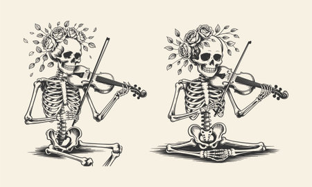 A creative tattoo design featuring a skeleton playing the violin, adorned with roses in its hair. This black and white artwork blends gothic, artistic, and floral elements, perfect for unique t-shirt designs. Ideal for lovers of skeleton, music, and nature-inspired tattoos.のイラスト素材