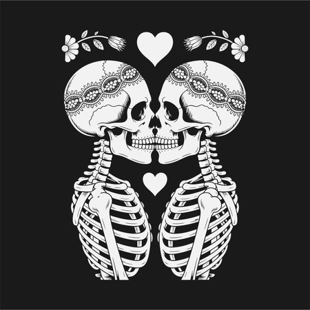 A charming tattoo design featuring two skeletons, each with a floral crown, kneeling and exchanging a flower. This black and white artwork blends romantic and gothic themes, making it a perfect design for t-shirts and lovers of alternative, mystical, and floral tattoos.のイラスト素材