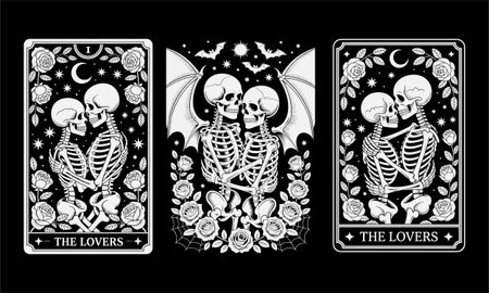 A spooky and romantic tattoo design featuring skeleton lovers in Halloween-themed attire, surrounded by pumpkins, bats, and a gothic landscape. This black and white artwork captures the essence of Halloween romance, making it a perfect design for t-shirts, tattoos, and Halloween lovers.のイラスト素材