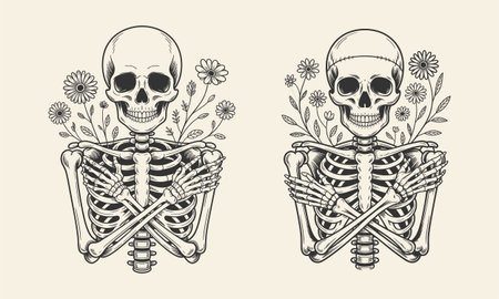 A unique tattoo design featuring a skeleton with crossed arms, adorned with flowers and leaves. This black and white artwork blends gothic and floral elements, perfect for t-shirt designs. Ideal for lovers of dark, nature-inspired tattoos, offering a striking mix of bone structure and floral beauty.のイラスト素材