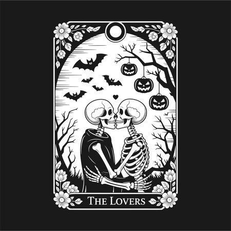 A spooky and romantic tattoo design featuring skeleton lovers in Halloween-themed attire, surrounded by pumpkins, bats, and a gothic landscape. This black and white artwork captures the essence of Halloween romance, making it a perfect design for t-shirts, tattoos, and Halloween lovers.のイラスト素材