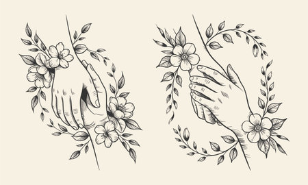 A beautiful tattoo design featuring two hands intertwined with flowers and leaves, symbolizing connection and nature. This black and white artwork blends delicate floral elements with the elegance of hand gestures, perfect for unique t-shirt designs. Ideal for lovers of nature-inspired, artistic tattoos.のイラスト素材