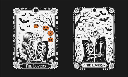 A spooky and romantic tattoo design featuring skeleton lovers in Halloween-themed attire, surrounded by pumpkins, bats, and a gothic landscape. This black and white artwork captures the essence of Halloween romance, making it a perfect design for t-shirts, tattoos, and Halloween lovers.のイラスト素材