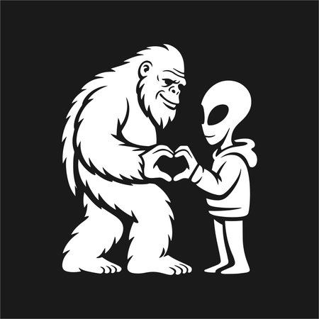 This playful t-shirt design features Bigfoot and an alien forming a heart shape with their hands, symbolizing a unique and fun friendship between two iconic mythical creatures. A perfect design for fans of Bigfoot, aliens, and quirky, lighthearted graphics. Ideal for those who enjoy humorous and imaginative designs.のイラスト素材