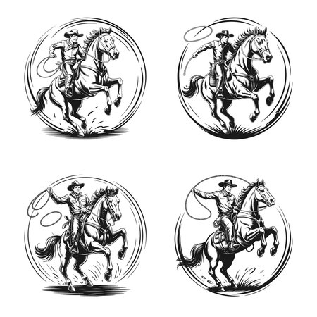 This dynamic western t-shirt design features a cowboy expertly lassoing while riding his horse inside a circular graphic. Capturing the energy and skill of the rodeo, this design is perfect for rodeo fans, cowboy enthusiasts, and those who appreciate the exciting world of western sports and lifestyle.のイラスト素材