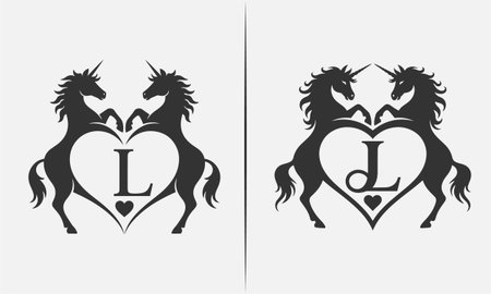 This enchanting t-shirt design features two unicorns in a graceful pose, forming a heart around the letter "L" with a smaller heart accent. A perfect choice for those who love magical creatures, fantasy, and personalized designs. Ideal for unicorn lovers or anyone celebrating love and uniqueness!のイラスト素材