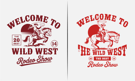 This exciting and bold t-shirt design features a cowboy riding a horse with the phrase "Welcome to the Wild West" and "The Best Rodeo Show." With a vintage-inspired look and a nod to classic rodeo action, this design is perfect for rodeo enthusiasts, cowboy fans, and lovers of western culture.のイラスト素材